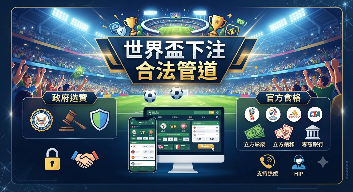 這張圖片以足球賽場為背景，上方中央顯著標示著「世界盃下注合法管道」的主題文字。 畫面設計精簡，強調資訊傳達，並透過視覺化元素呈現合法投注的相關概念