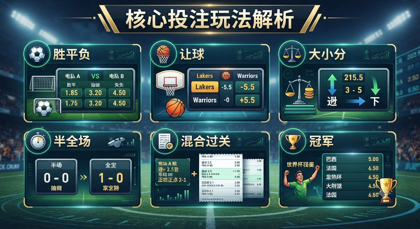 這張圖片以「核心投注玩法解析」為標題，展示了體育博彩中常見的六種玩法介面。 畫面透過清晰的圖表與數據，說明了勝平負、讓球、大小分、半全場、混合過關及冠軍預測的運作方式。