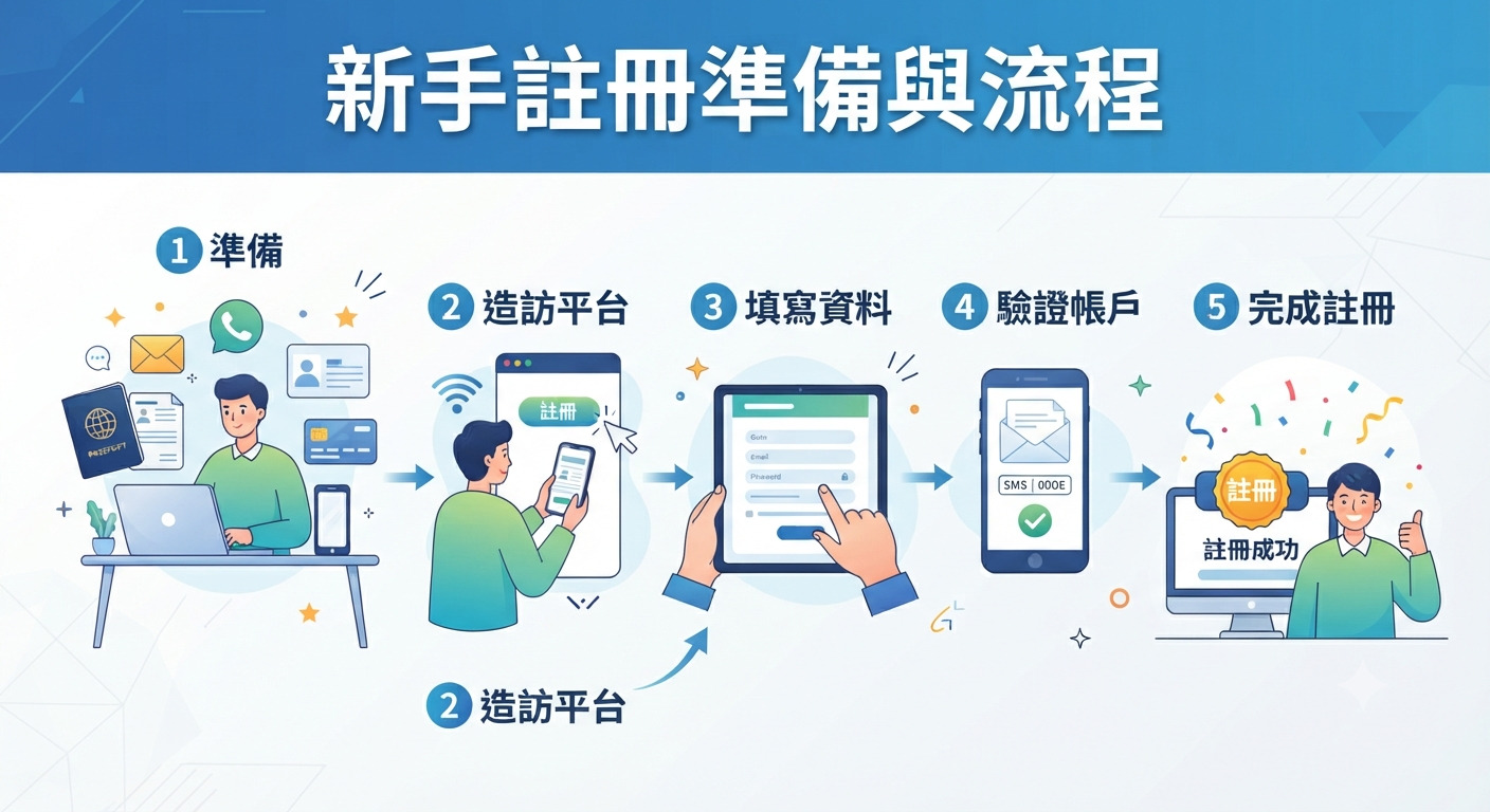 這張圖片展示了新手註冊的準備工作與完整流程。 圖中以清晰的步驟圖解和標題「新手註冊準備與流程」呈現。