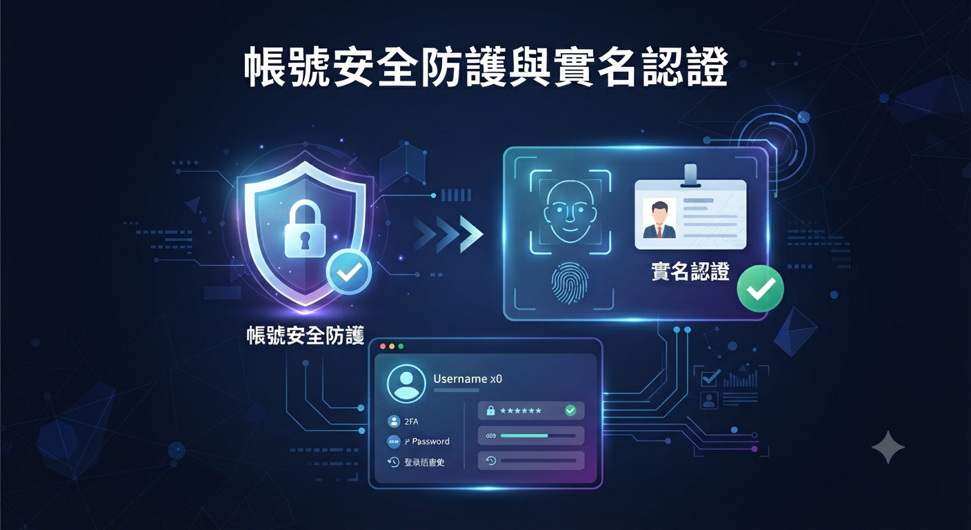 這張圖片的主題是「帳號安全防護與實名認證」,背景融入了科技感與網路安全元素。 畫面中透過盾牌、鎖頭以及身分識別圖標,展現了帳戶安全保護與身分驗證的核心概念。